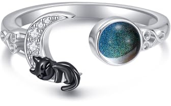 DAYLINLOVE Stimmung Ring 925er Sterling Silber Mond Schwarze Katze Verstellbarer Offener Daumen Ring Stimmung Schmuckgeschenke für Damen Frauen Mama Oma