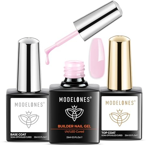 Modelones Builder Nail Gel with Gel Base Top Coat, 3Pcs Light Pink Builder Nail Kit for Apex Building Extension Thickening Strengthener Hard Gel Nail Strengthener Extension Builder Gel in a Bottle