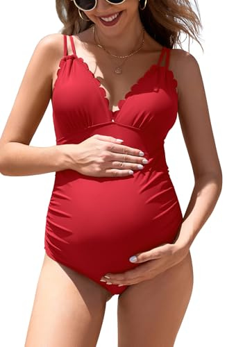 SHEKINI Mujeres Concha Trim V-cuello Maternidad Traje De Baño De Una Pieza Bowknot Back Embarazo Traje De Baño