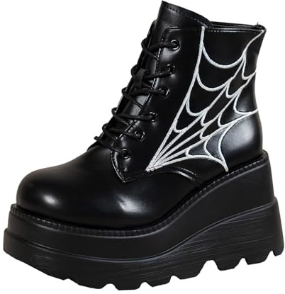 Glamidea Stivali da Donna con Lacci in Pelle Verniciata Nera Tacco a Zeppa e Plateau Stile Moto Moderno con Motivo a Rete Stivaletti Goth Punk per il Tempo Libero