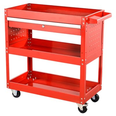 Chariot à outils roulant à 3 niveaux avec panneau perforé et tiroirs, établi mobile robuste pour garage, atelier, rangement utilitaire, sur roulettes, organiseur d'outils polyvalent