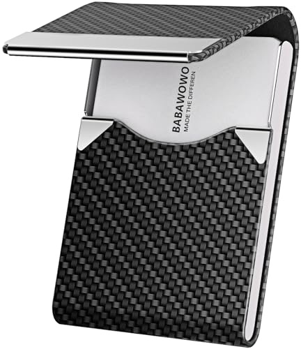 BABAWOWO Business Card Holder – Slim RFID-Blocking Card Case with PU Leather & Stainless Steel, Magnetic Closure, Holds 10-25 Cards for Men & Women (Black Carbon)