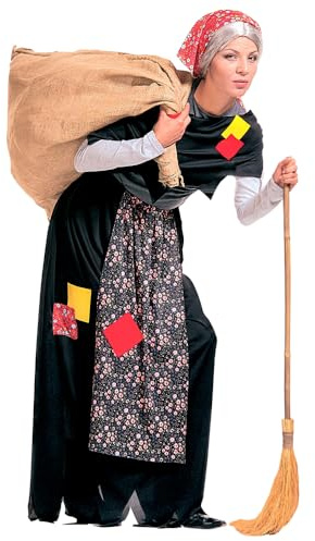 CARTOON Costume di Carnevale Befana Donna Abito Tradizionale con Gonna Nera Grembiule Fiorato Scialle e Foulard Travestimento Simpatico per Feste a Tema e Epifania