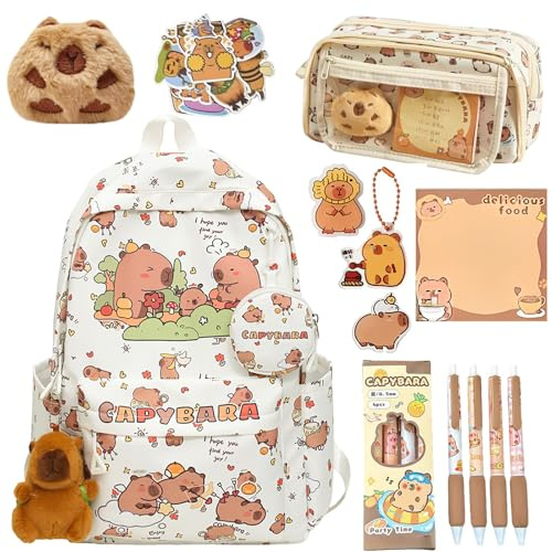 JIABAOZ Mochila Capibara, Capibara Mochila Kawaii Infantil y Juvenil, Incluye Estuche, Bolígrafos y Llavero,Capybara Bolsa Escolar Temática, Regalo Vuelta al Cole (White)