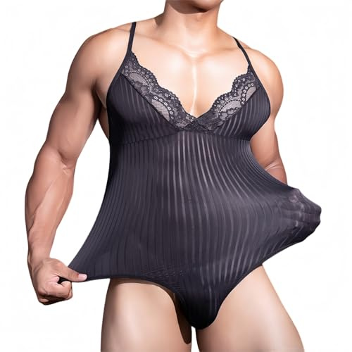 MANJIAMEI Body sin mangas para hombre con ribete de encaje, transparente a rayas, una pieza, ropa interior de malla para hombre, ropa interior para fiesta, Negro , Talla única
