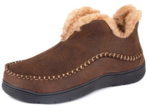 Wishcotton Men's Moccasin Bootie Slippers With Cozy Memory Foam, Winter Warm Fuzzy Indoor Outdoor House Shoes Coffee,10 M US