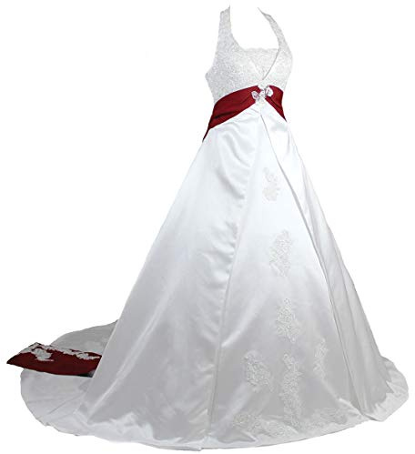 Zorayi Élégant A-Ligne Licou-col Satin Vêtements de mariée Robes de Mariage Longue Robes de mariée sans Manches Blanc & Bourgogne Taille 48