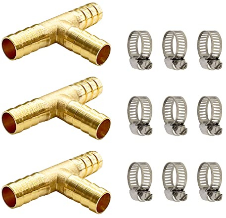 LIONMAX Barb Tee Fittings - 3 PCS Brass Hose Barb T Fittings, 3 Way Union, with 9 Hose Clamps, for Water/Fuel/Air