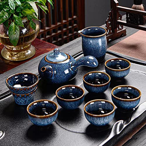 Juego de Té Kung Fu de Porcelana China - Tetera, Taza y 9 Cajas de Regalo - Para Té Negro y Verde (Seitengriff)