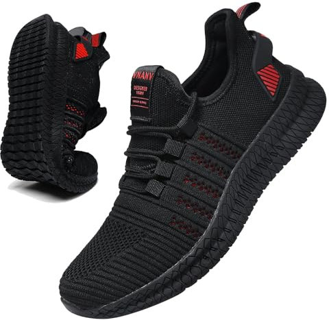VNANV Herren Straßenlaufschuhe Sneaker für Laufen und Tennis – Leichtgewichtige Atmungsaktive rutschfeste Turnschuhe für Freizeit und Gym Outdoor Fitness große Größe (Schwarz Rot,49)