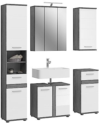 xonox.home Badezimmer Blake 5tlg. Kombination Badmöbel Set Set für kleine Bäder Komplettprogramm Badezimmer Bademöbel-Set in weiß Hochglanz, rauchsilber Nachbildung inkl. Beleuchtung