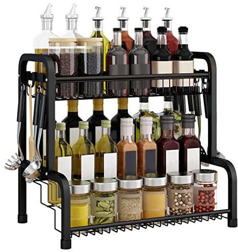 LARS360 Étagère à épices debout en acier inoxydable avec 4 étages, 8 crochets – Organisateur de cuisine pour bouteilles d'épices, verres, bouteilles d'huile (noir)