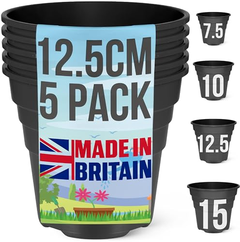 Happy Pots - 12.5cm Gloss Black - Pack of 5 Premium Plastic Plant Pots - Reusable Flower Pots for Indoor/Outdoor Home Décor Gardening - Round, Heavy Duty, UV Resistant, Recyclable - Made in UK