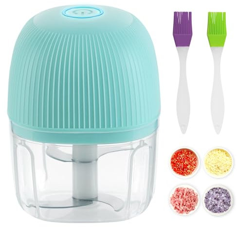 Mini Elektrisch Zerkleinerer,Knoblauchpresse USB Aufladbar,Tragbarer Küchenmaschine,Blender Hacker Chopper Kabellos/250ML/4 Scharfen Klingen für Knoblauch,Chili,Zwiebel,Fleisch und Gewürze (Blau)