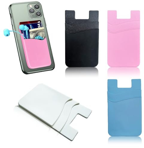 Vilbocr 4Pcs Phone Wallet, Stick On Silicone Credit Card Holder for Phone Case, Compatible for Cards, Cash & ID (White, Black, Pink, Blue)