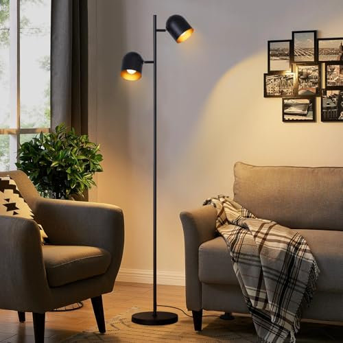 Kowanie Stehlampe Vintage Wohnzimmer Stehleuchte retro: Industrial Standleuchte 2 Flammig in Schwarz Gold Standlampe aus Metall E14 Schwenkbar 350° Leselampe für Schlafzimmer - Ohne Leuchtmittel