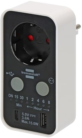 Brennenstuhl Digitaler Countdown Timer mit USB A und USB C (Timer-Steckdose für den Innenbereich, Countdown in 7 Stufen einstellbar, mit erhöhtem Berührungsschutz)