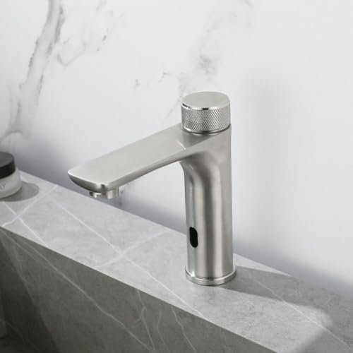 HEBEOT Infrared Sensor Basin Mixer Tap Touchless Tap for Bathroom Stainless Steel Infrared Sensor Faucet Automatic Basin Tap 70 * 105mm(Silver)