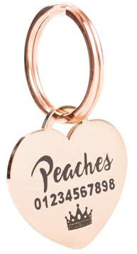Herz Hundemarke mit Gravur | Personalisiert mit Name, Telefonnummer, Adresse, Wunschtext | 25 mm Rosegold, Gold Edelstahl Dog Tag, Namens-Anhänger für Hunde-Halsband