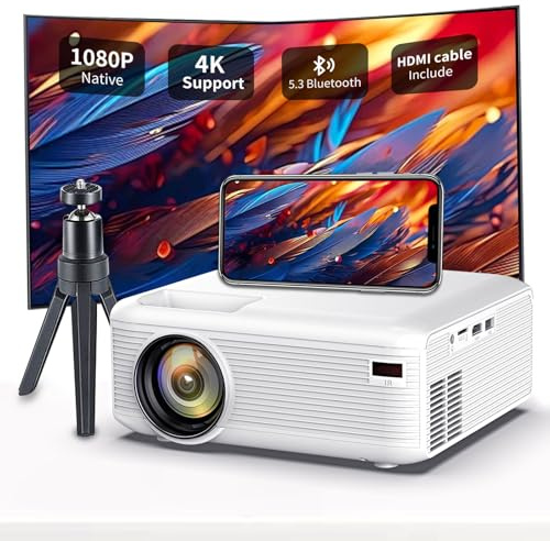 Mini Bluetooth-projektor, 1080P-projektor 4K, projektor för iPhone, bärbar/utomhus/rum/väggprojektor, kompatibel med Android/iOS/PS5/TV-stick/laptop/USB/HDMI/USB (vit)