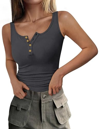 DUOEASE Canottiera Donna Estiva 2025 con Bottoni a Coste Top Donna Maglietta Donna Senza Maniche GrigioScuro-XL