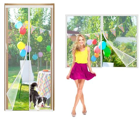 Cortina Magnética de Ventana con Pantalla, 255x230cm Cortina Anti-mosquitos con Pegamento Mágico, Puerta Anti-insectos de Cierre Silencioso para Puertas de Sala Estar, Recámara Blanco