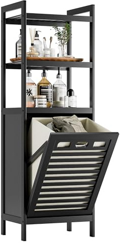 HITNET ‌Badschrank mit Wäschekorb, Wäscheschrank, Bambus Badezimmerschrank mit Wäschesammler und 3 Offene Regale, 40L Herausnehmbare Innentaschen mit Griffen für Badezimmer Schlafzimmer, Schwarz