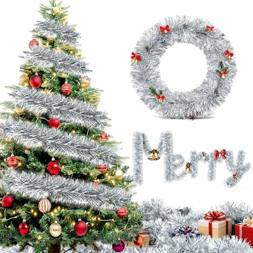 20m Guirlande Sapin de Noel Artificiel - Argent Guirlandes de Noël Decoration Noel pour Exterieur Interieur Porte Murs Escalier Fenêtres Deco