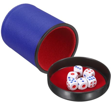 sourcing map Felt Lined Professional Dice Cup, PU Leather Quiet Shaker Cups with Lid Includes 6 Dot Dice for Bar Gatherings Party Board Games, Blue