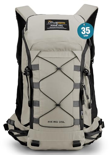 Mountaintop 35 l vandringsryggsäck herr dam reseryggsäck trekkingryggsäck utomhus ryggsäckar med regnskydd för camping vandring cykling dagsutflykter, 55 x 30 x 18 cm, Beige 35 l version 2.0, 55 x 30