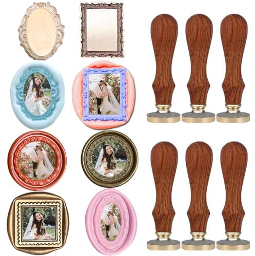 VSECUON 6pcs 3D Embossed Frame Wax Seal Stamp,Removable Brass Heads with 6 Wooden Handle,3D Relief Photo Frame Sealing Wax Stamp for Wedding Invitations Scrapbooking Letters Gift Christmas
