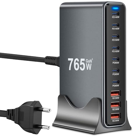 765W USB C Ladegerät Mehrfach,PD 140W 100W 65W Schnellladegerät 10 Ports Ladestation GaN-III Charger with 7 USB-C and 3 USB-A Ports for MacBook iPad Pro/Air,iPhone 16 15 Pro Max,Samsung,Xiaomi,iPads