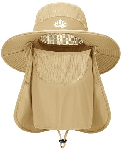 Xnova Sombrero de Pescador para el Sol Hombre con Cubierta Facial Protección UPF 50+ Sombreros Senderismo Gorras de ala Ancha Empacable Bucket Hat Safari (Caqui, Sombrero Circunferencia: 55–60 cm)