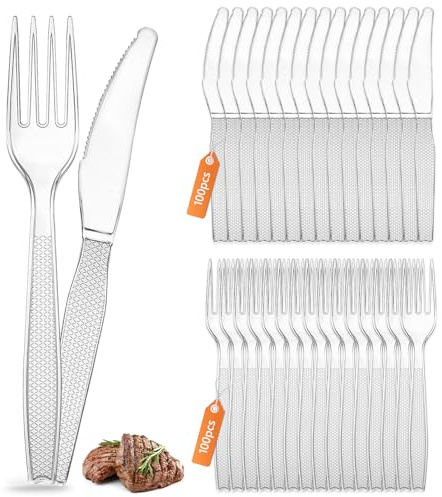 AUAUY 200 st transparent bestickset, återanvändbart kniv- och gaffelset, hållbar servis för fester, camping, middag, bröllop, grill (100 gafflar och 100 bordskniv)