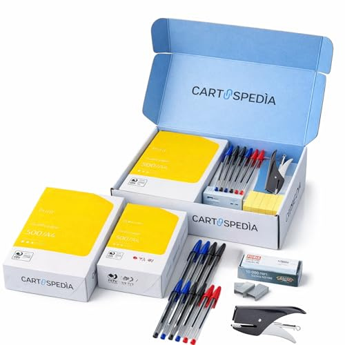 Kit Cancelleria Ufficio Completo con 2 Risma Carta A4 80gr da 1000 Fogli TOTALI + 10 Penne Vari Colori + Spillatrice in Metallo con 10.000 Punti e 400 Post-it - Set Scuola e Lavoro per Casa e Ufficio