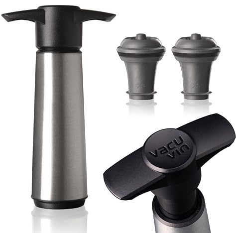 Vacu Vin Wine Saver Stainless Steel with 2 Vacuum Stoppers – Premium Wine Preserver Pump – Keeps Wine Fresh Longer – Manual Air Remover – Durable Design for Red & White Wine Bottles