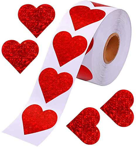 Valentines Glitter Red Heart Stickers, 1.5 Heart Decorative Labels 500 per Roll, Valentine's Day Love Decorations for Wedding, Anniversaries