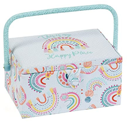 Hobby Gift Exclusive Mittelgroße Nähhandwerk-Hobby-Aufbewahrungsbox, Zubehörablage, Nadelkissen, Tasche, PVC-Griff, bestickter Deckel, 18,5 x 25,5 x 14,5 cm, Gestickter Regenbogen