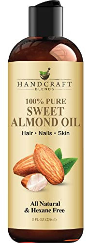 Handcraft Blends Aceite de almendras dulces, 8 onzas líquidas, 100% puro y natural, aceite portador de grado premium para piel y cabello, cabello y cuerpo, masaje, sin hexano