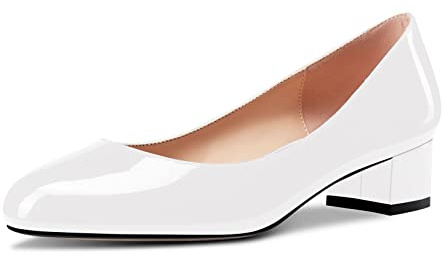 Aachcol Femmes Rond Bout Escarpins Bloc Chunky Bas Talon Heel Slip-on Dress Chaussures Bureau Blanc Vernis 3.5 CM 43 EU