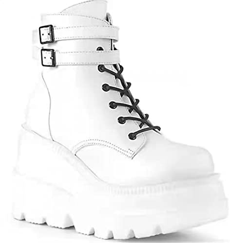 Ulalaza Dark Bat Wing Ankle Boots for Women Wedge Chunky with Sassy Platform Boot Round Toe Lace up Side Zipper High Heel Women Boot stretch fabric soft skin-friendly and fit around the ankle