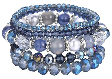 FULU AUTUMN Damen Kristall Perlen Armband Mehrschichtiges Steine Armband Boho Modeschmuck Beste Freundin Geschenke(21-Blue)