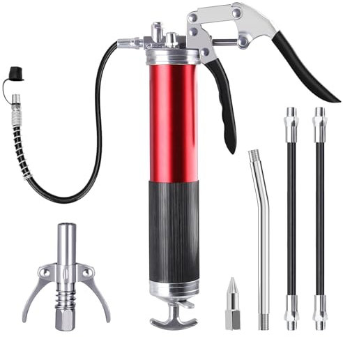 Eurtes Pompe a Graisse, Pistolet à Graisse Professionnel Robuste à Poignée Pistolet de 7000 PSI, Tuyau Flexible à Ressort de 18 po, 2 coupleurs renforcés, 2 tuyaux rigides d'extension, buse Pointue