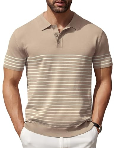 COOFANDY Men's Short Sleeve Polo Shirts Vintage Knitted Shirt Casual Button Down Golf Shirts, Khaki, Medium
