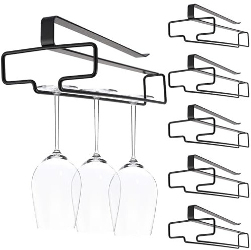 GBACHOOSE 6 Pack Wine Glass Holder, No Drilling Under Cabinet Wine Glass Rack, Steel Stemware Rack Hanger for Hanging Champagne Goblets Storage Organiser