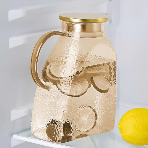 Carafe en verre 1800 ml, pichet en verre avec couvercle en acier inoxydable, carafe à eau en verre durable, carafe réfrigérante pour thé glacé, eau chaude et froide, café, lait, jus (ambre)