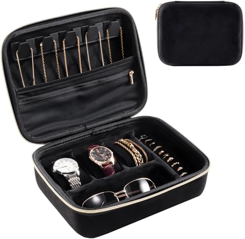 ProCase Estuche de Viaje para Joyas de Hombre, funda con 3 ranuras para relojes, organizador con cremallera para relojes, gafas, collares, anillos y pulseras, estuche portátil - Negro