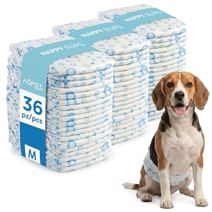 Aqpet Lot de 36 Couches hygiéniques pour Chiens mâles avec Fermeture adhésive réglable, Anti-Odeur, jetables, Taille Moyenne 550 x 220 mm