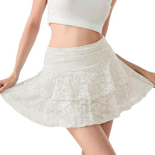 Femmes Floral Dentelle Slip Jupes Taille Basse Volants Layered Plissé Mini Jupes Y2k Flowy Tiered Short Jupe, Blanc 2, L