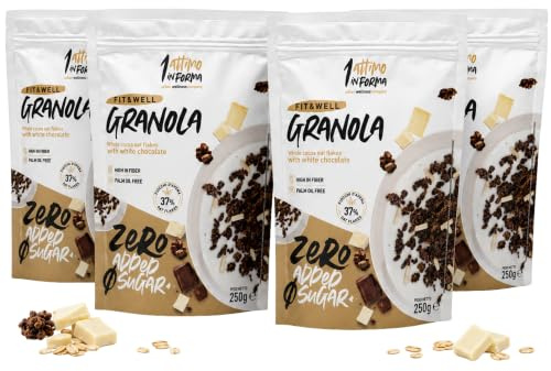 1 Attimo in Forma | Granola Proteica con Fiocchi di Avena e Cacao - Senza Zuccheri Aggiunti, Ricca di Fibre e Croccante - Granola con Cioccolato Bianco per una Colazione Nutriente - 250g